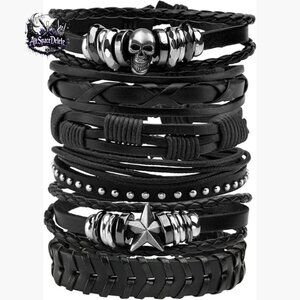 Adjustable Leather Braided Bracelets Set with Skull Decor, Punk Style